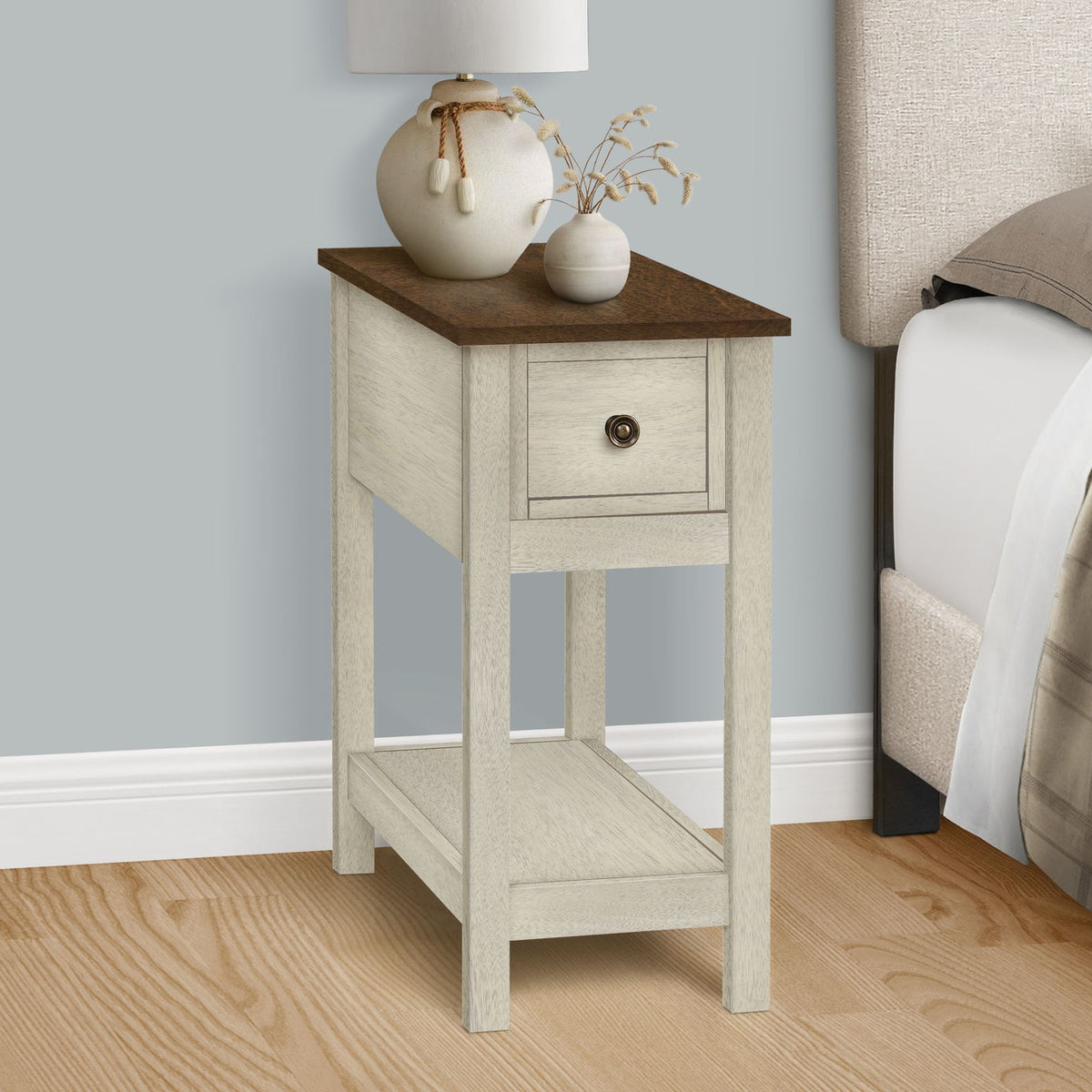 Accent End Table, 2 Tier, Narrow, Lamp, Storage Drawer, Charming Design