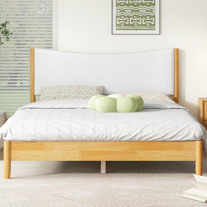 Queen Size, Solid Rubber Wooden Bed with Boucle Upholstered Headboard, Enhanced by Support Feet, Beech White