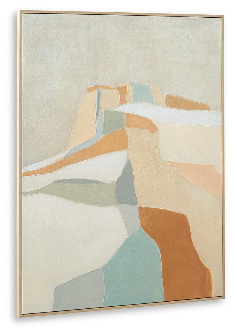 Framed abstract wall art with layered blue and orange forms