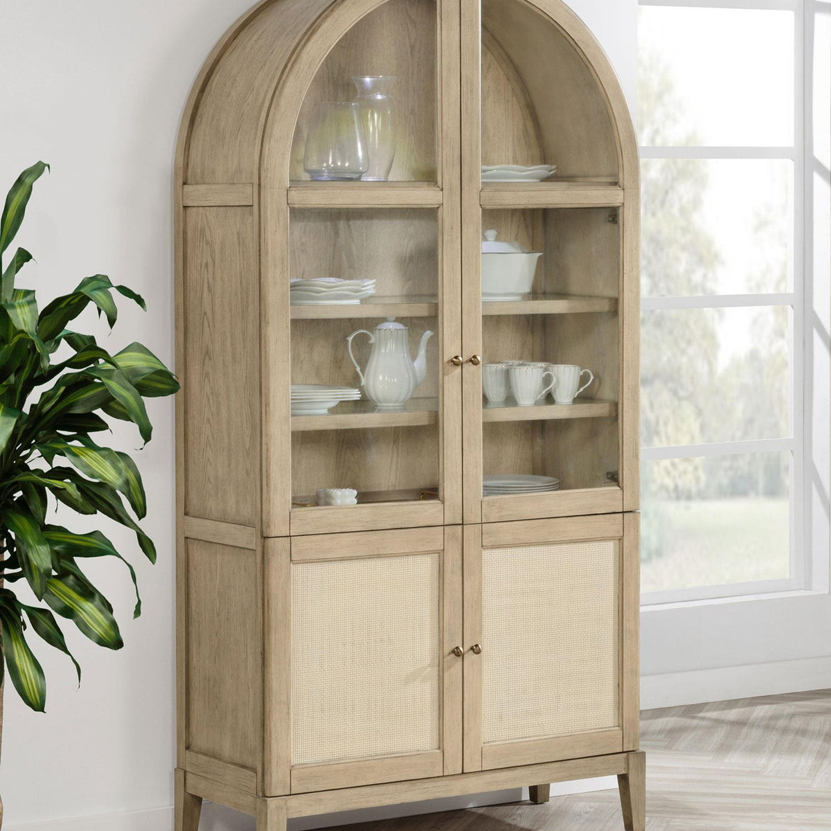 Kailani 4-Door Cane Dining Vitrine Display Cabinet Beige Oak