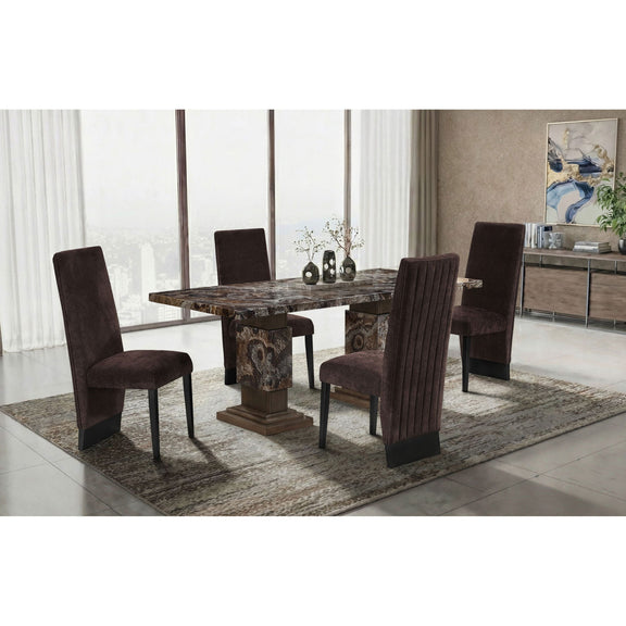 Dining table with stone-vein rectangular top and dark pedestal base