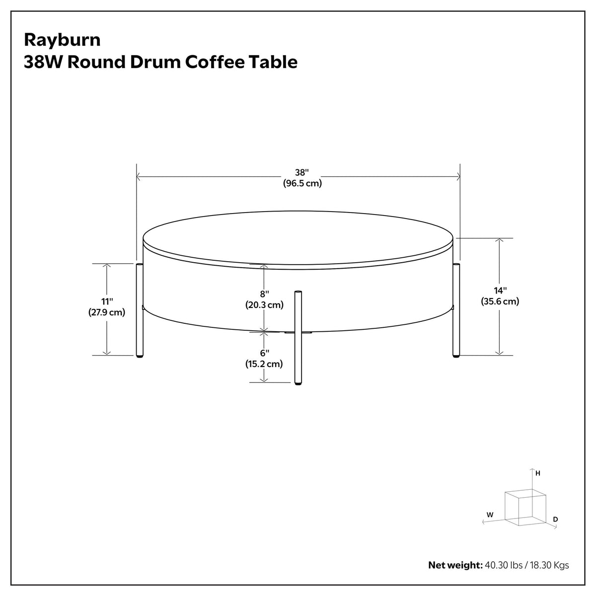Rayburn 38-inch round drum coffee table with dimension diagram