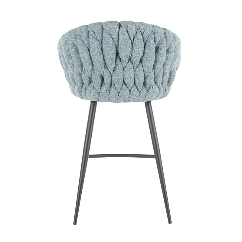 Light blue braided upholstered counter chair with dark legs, front view
