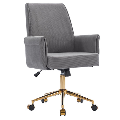 Dark gray mid-back office chair with padded arms, swivel base, and caster wheels