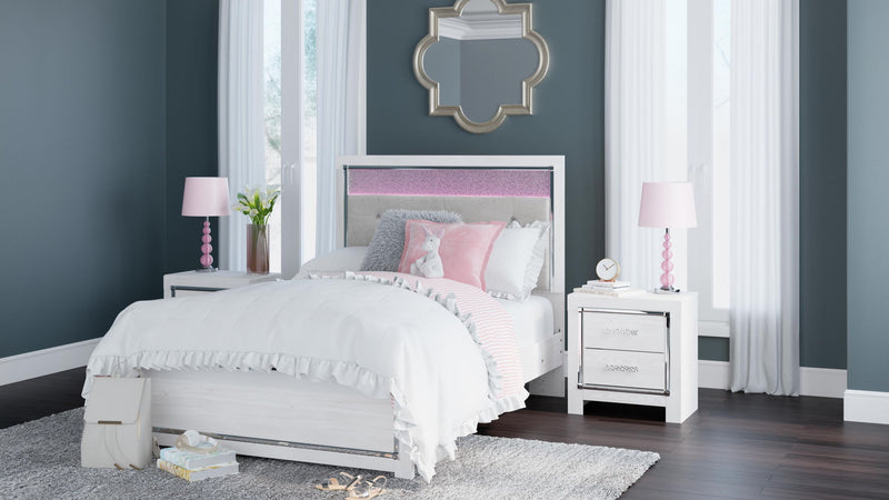 White panel bed with tufted headboard and drawer storage, styled with bedding