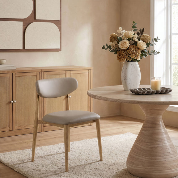 Light gray upholstered dining side chair with light wood legs