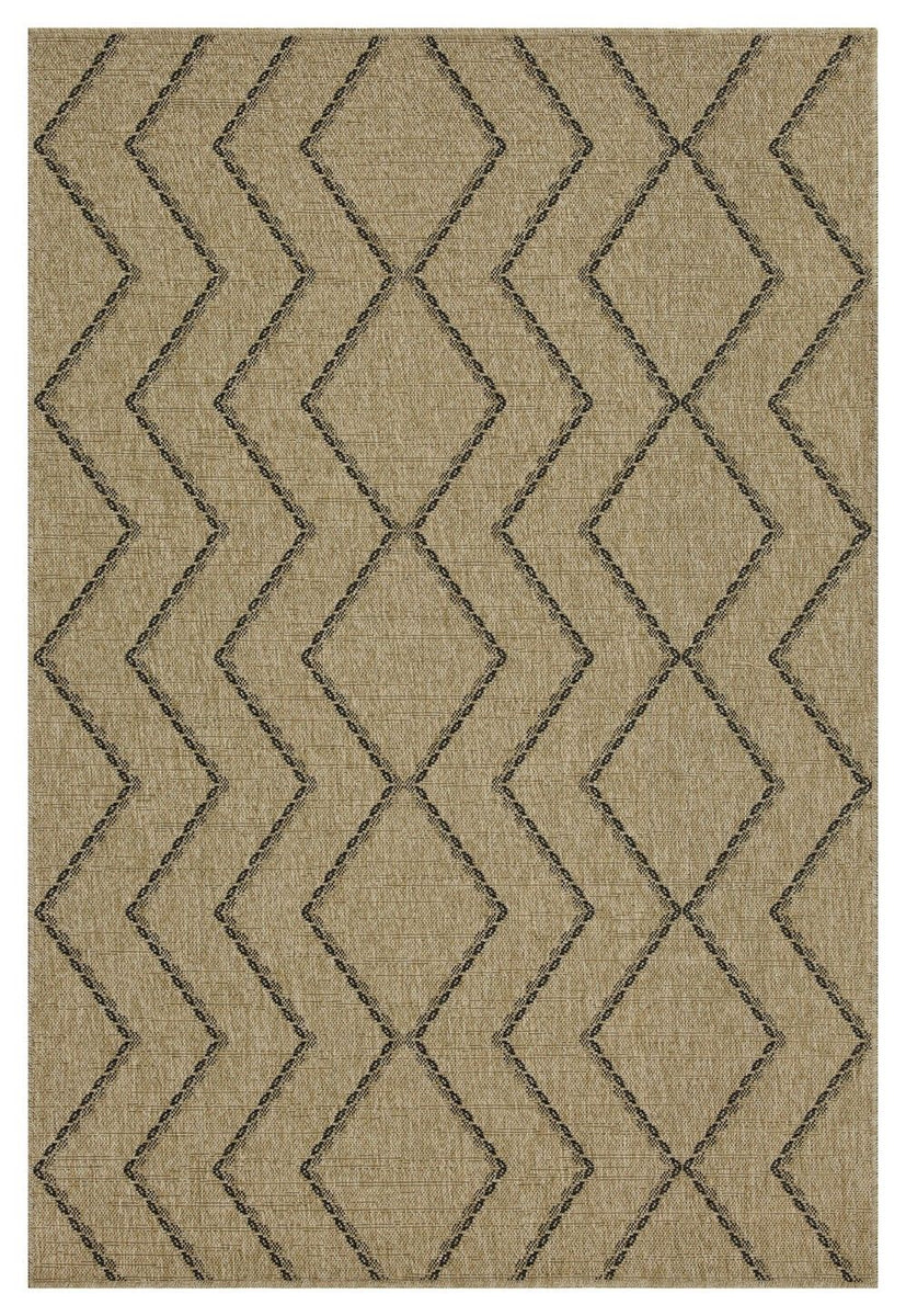 Light brown area rug with chevron, X and diamond stitched geometric pattern