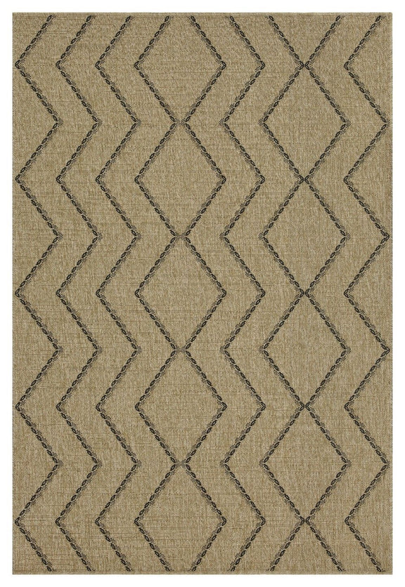Light brown area rug with chevron, X and diamond stitched geometric pattern