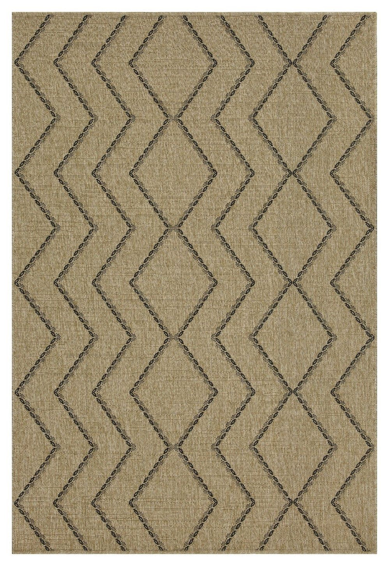 Light brown area rug with chevron, X and diamond stitched geometric pattern