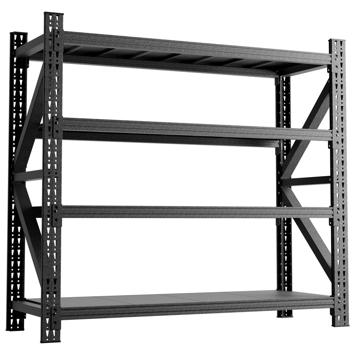 Black metal 4-shelf garage shelving unit angled view with perforated uprights