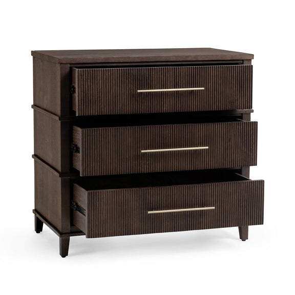 3-drawer chest angled view, ribbed drawer fronts, metal bar pulls, dark legs