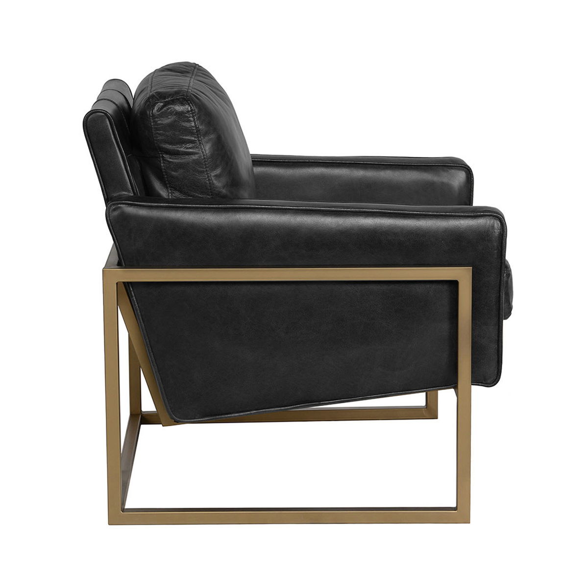 Black leather-look club chair angled view, padded arms, gold metal base frame