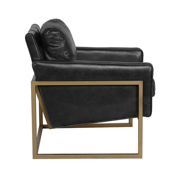 Black leather-look club chair angled view, padded arms, gold metal base frame