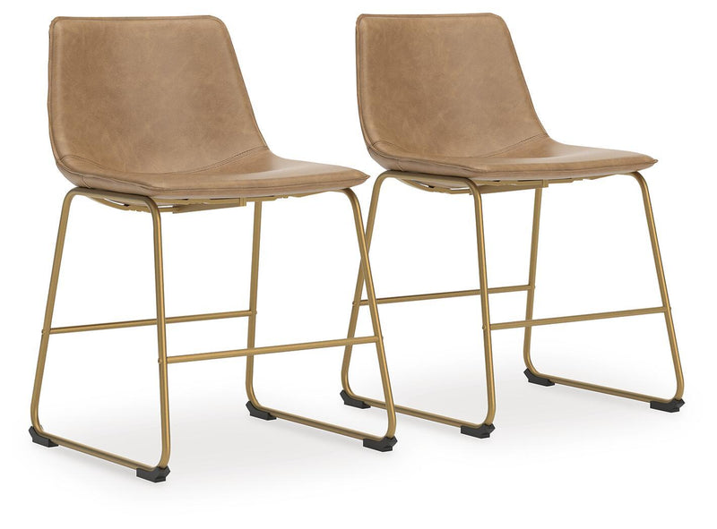 Set of 2 beige upholstered dining side chairs with curved backs and gold metal frames