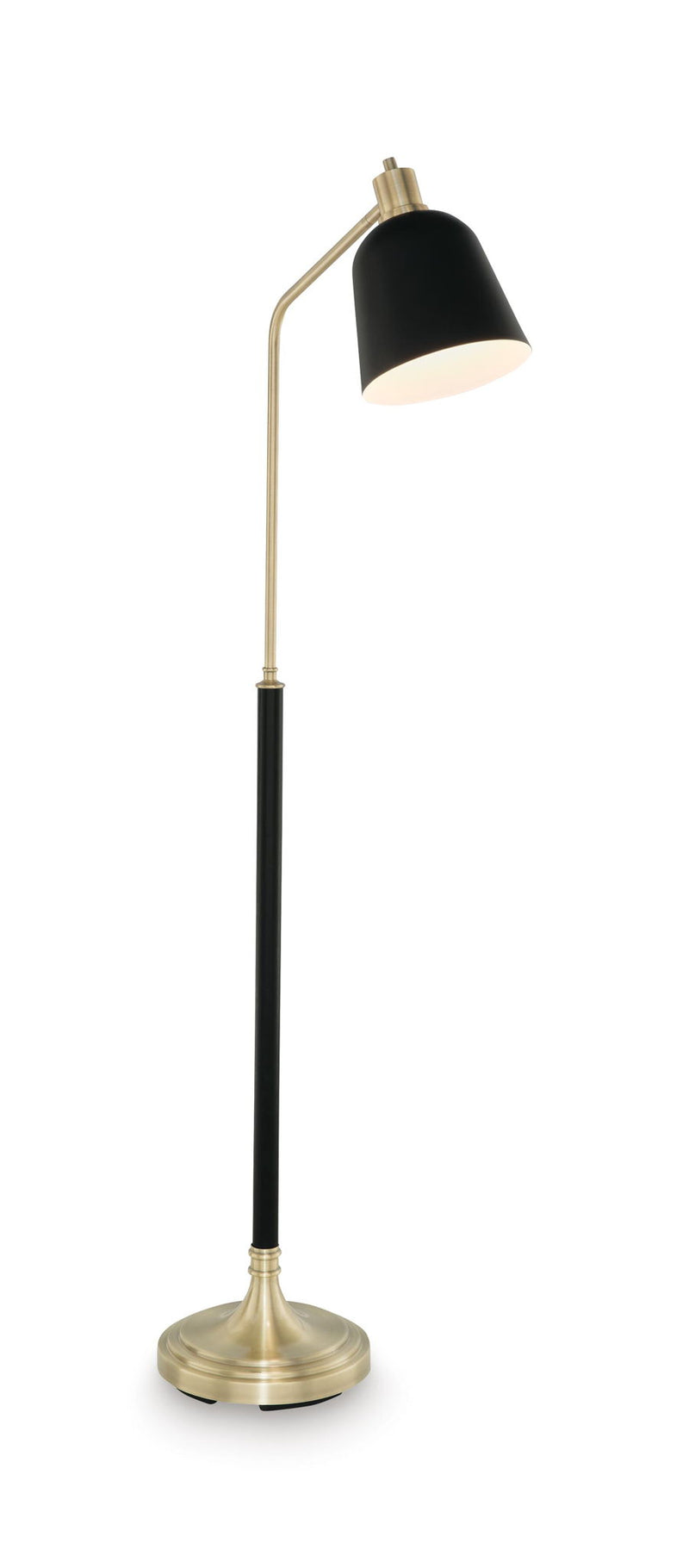 Metal floor lamp with black cone shade and brass-finish round base