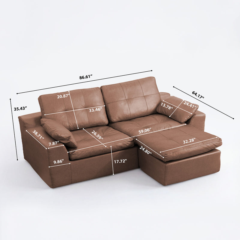 L-shaped 2-seater sofa with movable ottoman, brown with dimension labels.