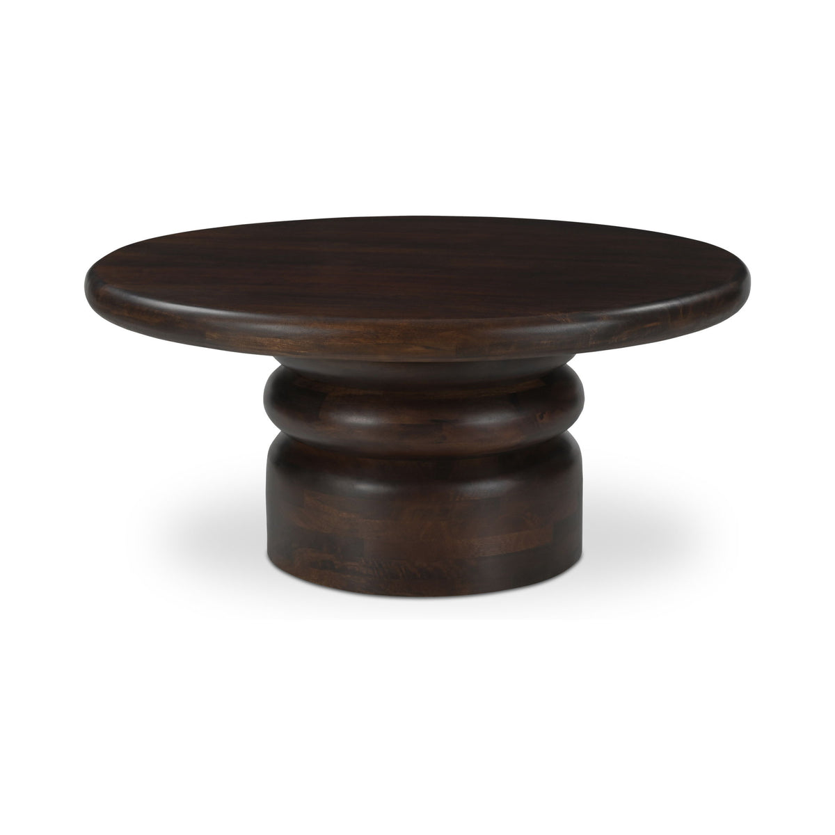 Brown round coffee table with pedestal base, smooth wooden finish