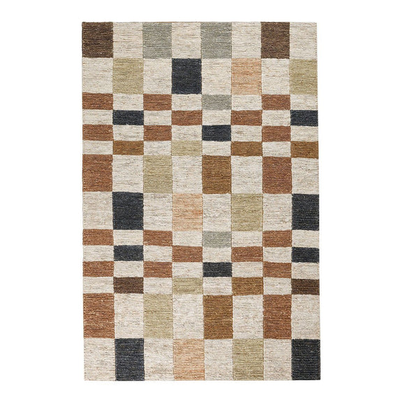Jute check area rug with white, beige, tan and dark charcoal square blocks