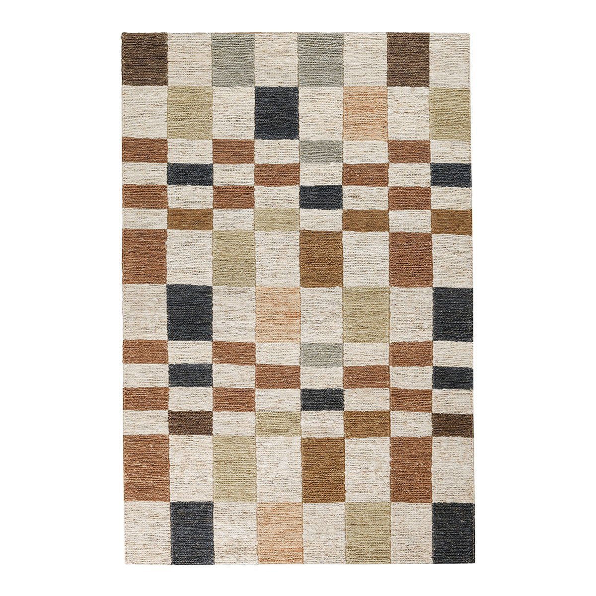 Natural check rug with woven texture and square pattern in cream, beige, gray, and charcoal