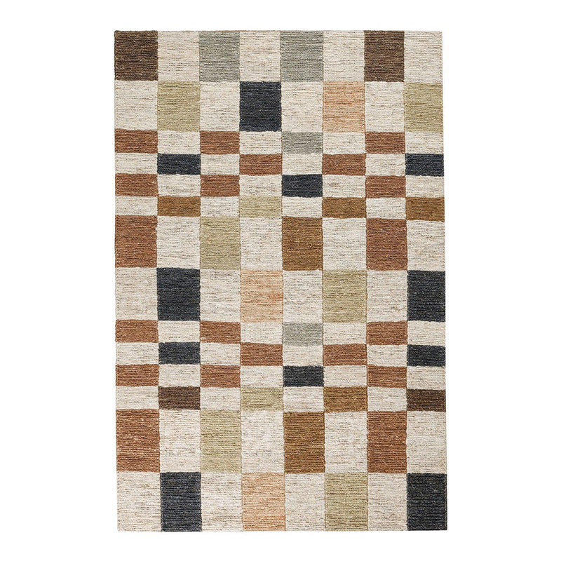 Natural check rug with woven texture and square pattern in cream, beige, gray, and charcoal