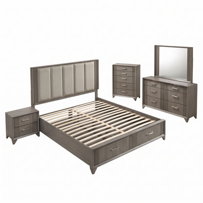 Dark gray bedroom set with bed, nightstand, chest drawers, and dresser mirror