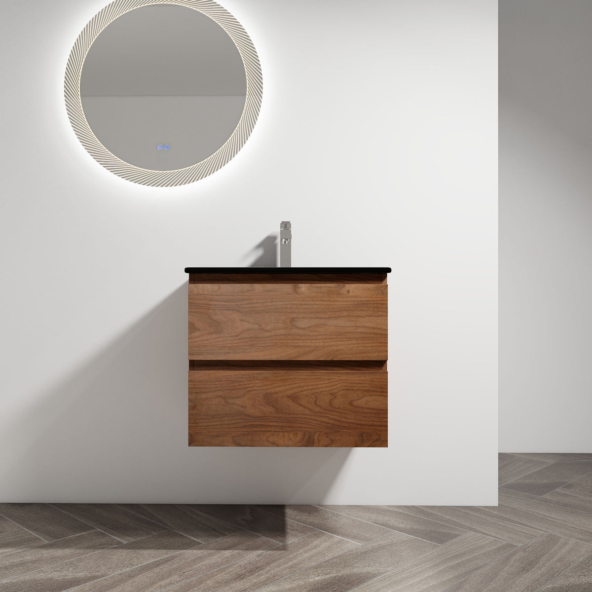 Wall-mounted bathroom vanity with sink, dark wood cabinet with two soft-close drawers