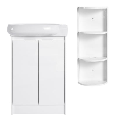 White freestanding bathroom vanity with oval sink and two soft-close cabinet doors, plus storage rack
