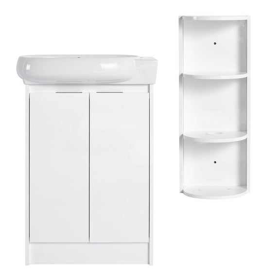 White freestanding bathroom vanity with oval sink and two soft-close cabinet doors, plus storage rack