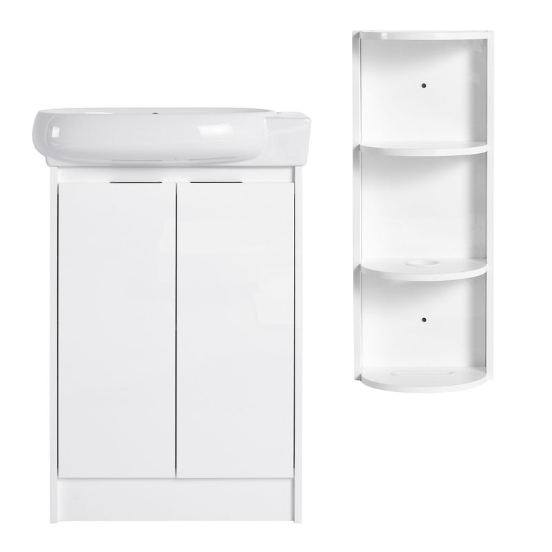 White freestanding bathroom vanity with oval sink and two soft-close cabinet doors, plus storage rack