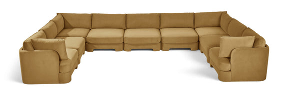 Light brown velvet modular sectional, 9-piece set with chaise corner pieces.