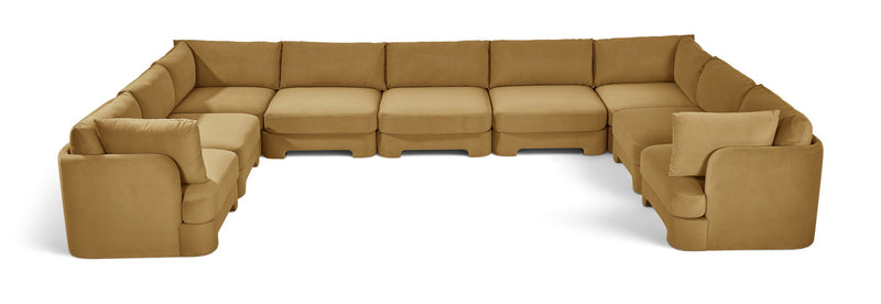 Light brown velvet modular sectional, 9-piece set with chaise corner pieces.