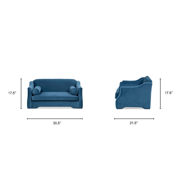 Blue dog sofa bed dimensions shown: 35.5 in wide and 17.5 in high