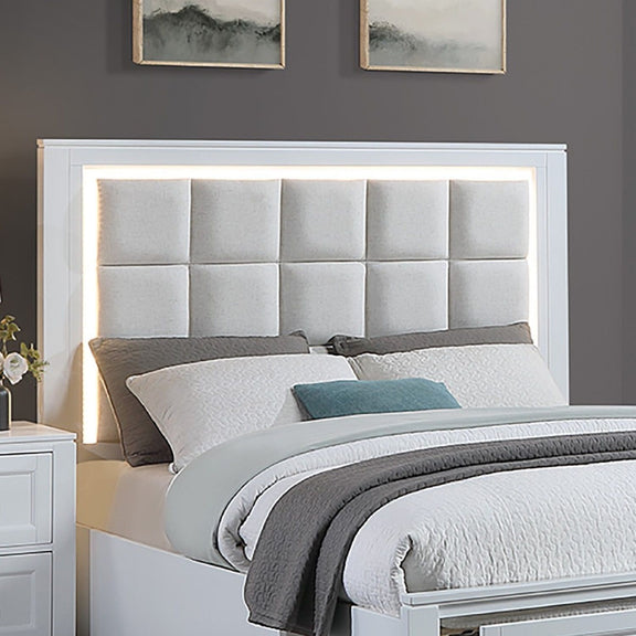 Tufted upholstered headboard with soft LED lighting and white platform bed with drawers