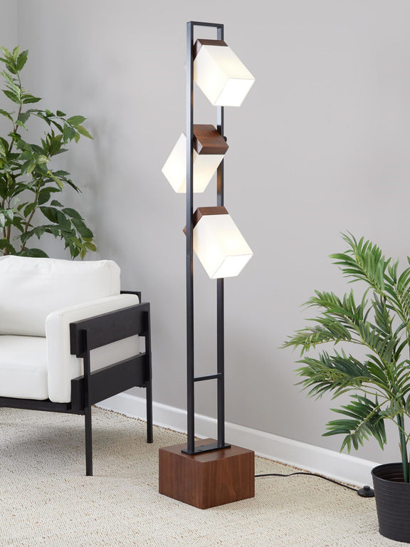 Black floor lamp with two visible white cube shades and walnut square pedestal base