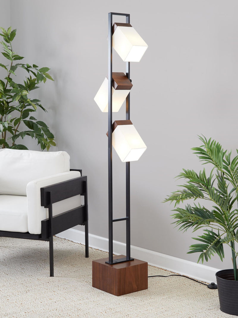 Black floor lamp with two visible white cube shades and walnut square pedestal base