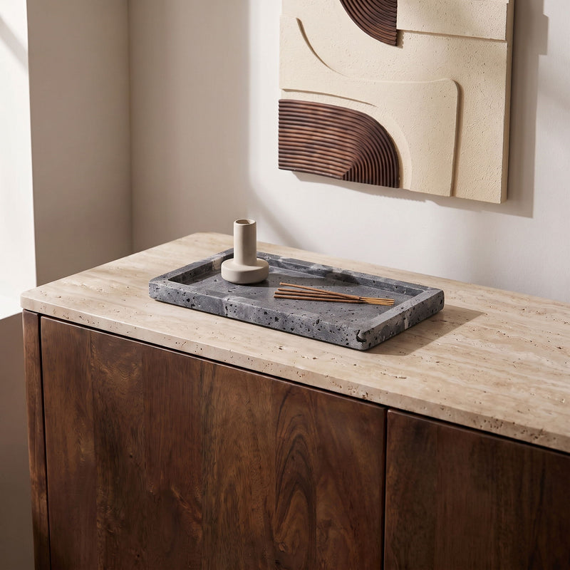 Gray travertine tray on vanity with candle holder and incense sticks