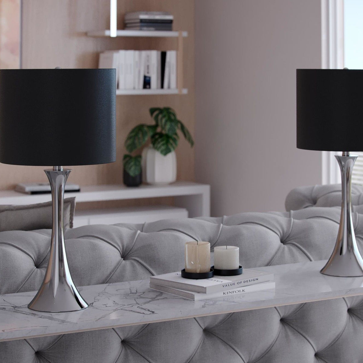 Set of 2 modern table lamps with black shades and chrome pedestal bases