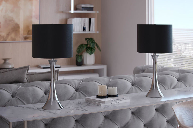 Set of 2 modern table lamps with black shades and chrome pedestal bases