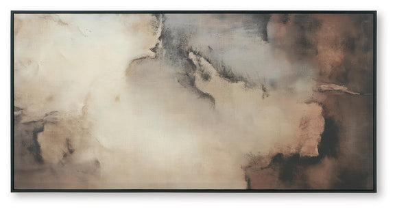 Abstract framed wall art with beige, brown, black, and gray cloudlike textures