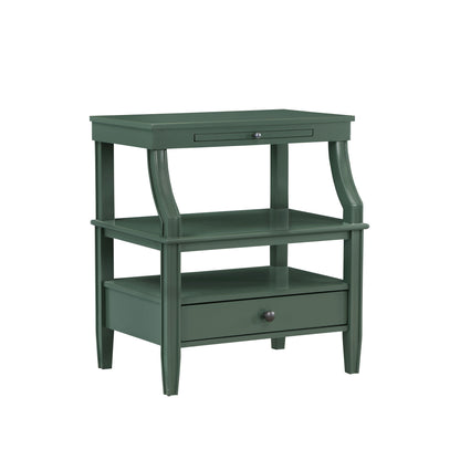 Dark green storage nightstand with drawer and two open shelves