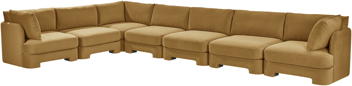 Light brown velvet performance fabric sectional sofa with chaise and tufted seat cushions