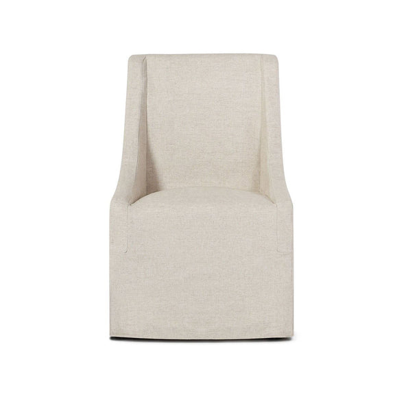 Upholstered rolling dining chair in oatmeal fabric, front view with rounded seat