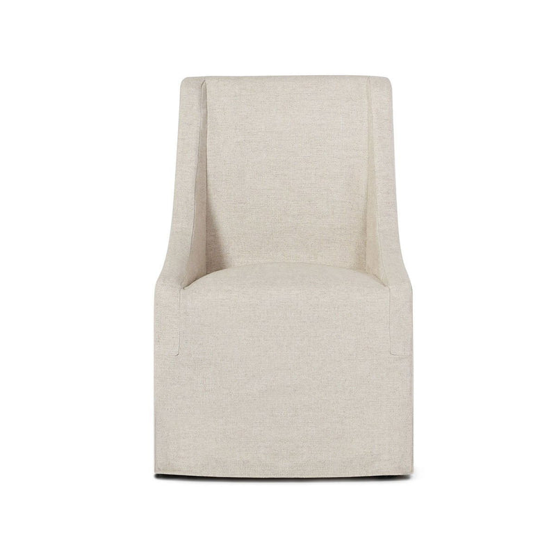 Upholstered rolling dining chair in oatmeal fabric, front view with rounded seat
