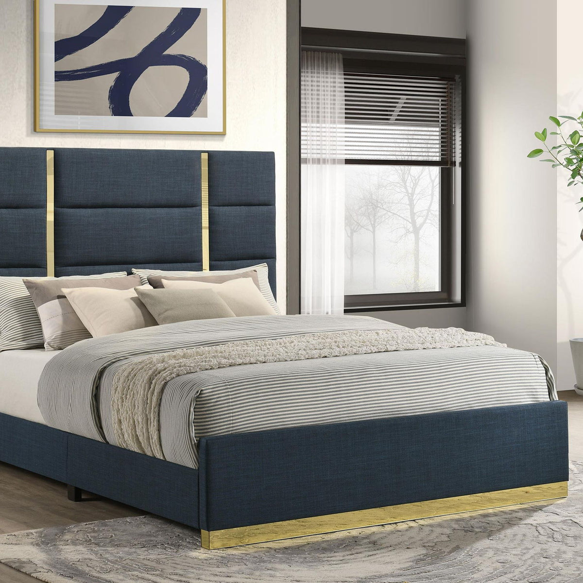 Ines 56-inch Fabric Upholstered Queen Panel Bed Navy