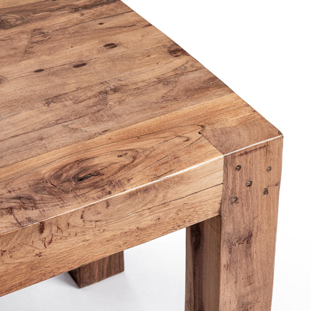 Wood table top edge with subtle bevel and distressed plank pattern