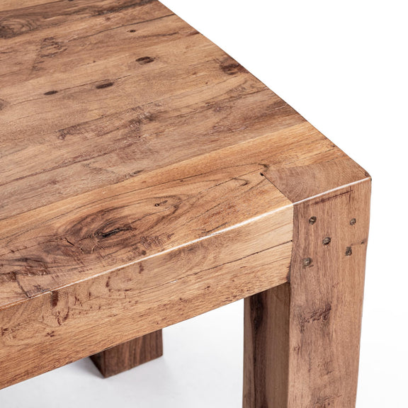 Wood table top edge with subtle bevel and distressed plank pattern