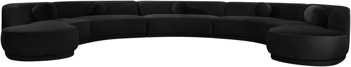 Black performance velvet sectional sofa with rounded arm sections and tufted cushions
