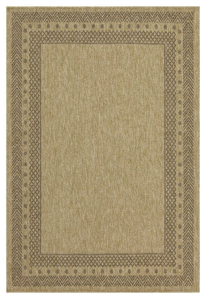 Light brown polypropylene area rug with ornate border and geometric center medallion