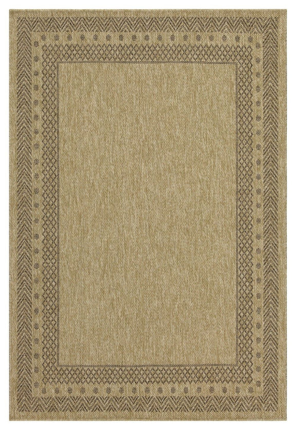 Light brown polypropylene area rug with ornate border and geometric center medallion