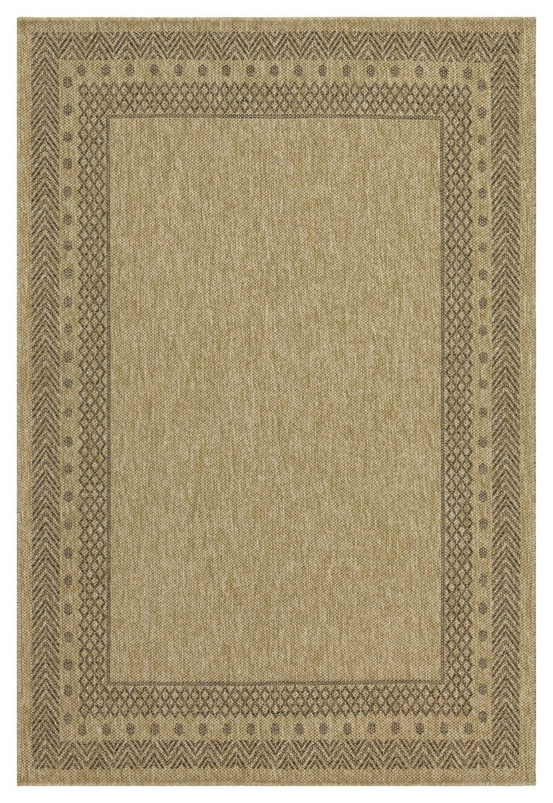 Light brown polypropylene area rug with ornate border and geometric center medallion